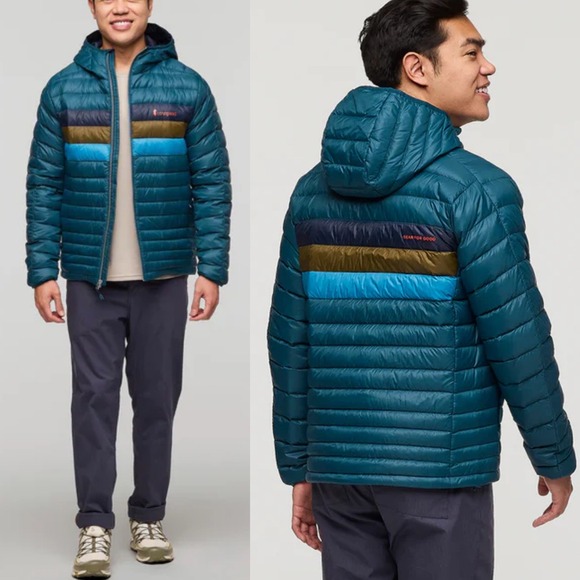 $300 Cotopaxi Fuego Packable Down Hooded Puffer Jacket Blue Brown Stripe Mens XL - Picture 1 of 10